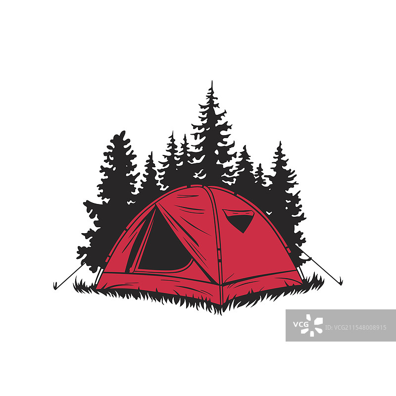 红色帐篷 nestled in a pine forest ready for a图片素材