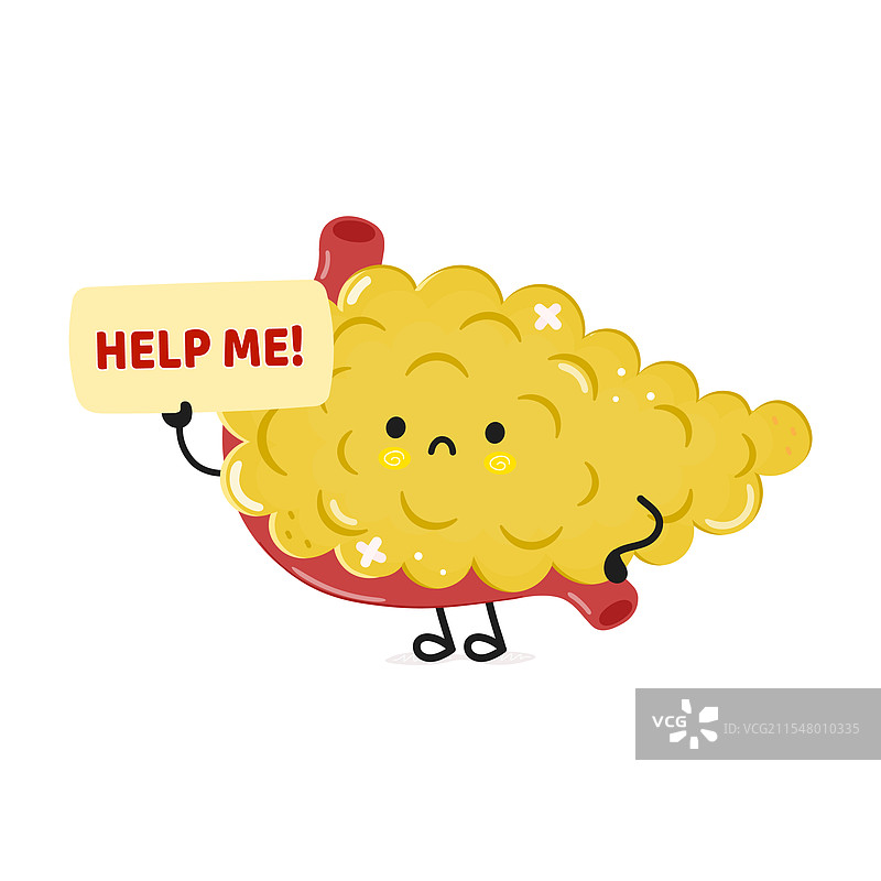 可爱而伤心的生病胰腺角色请求帮助图片素材