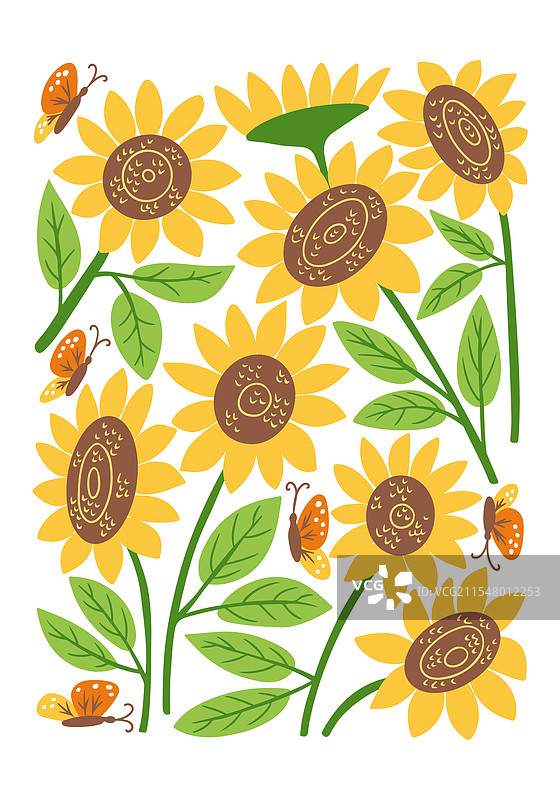 60年代风格的向日葵和蝴蝶图片素材