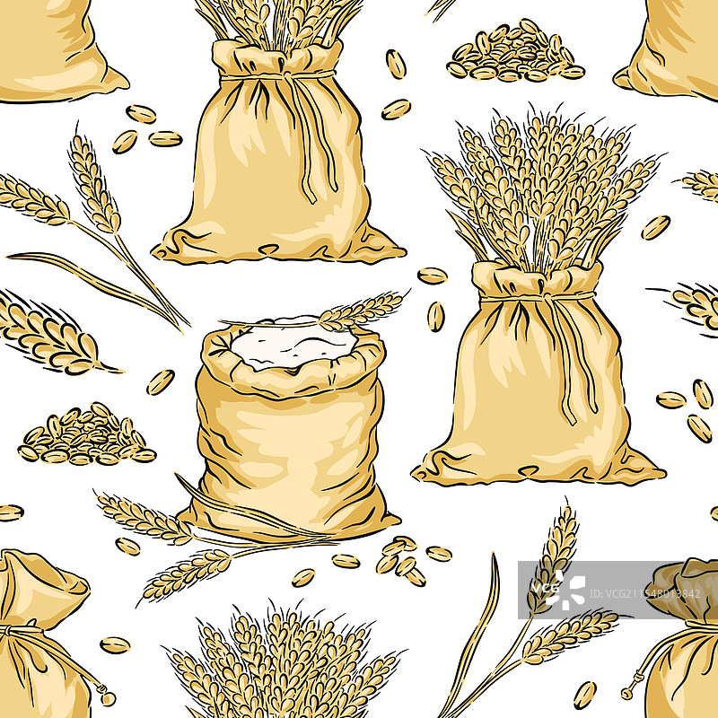 手绘无缝图案小麦袋和谷物图片素材