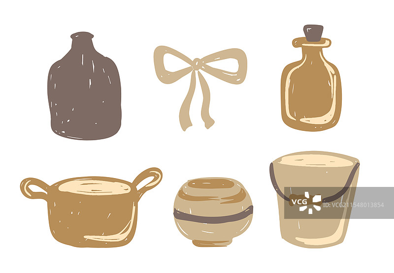 手绘乡村风格厨房用具锅具系列图片素材