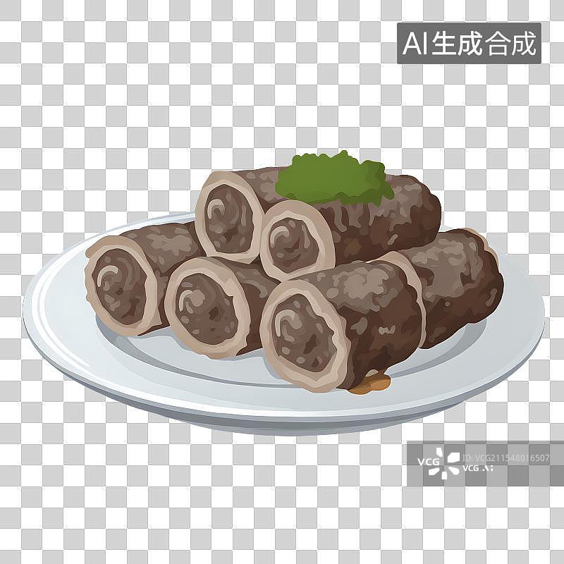 【AI数字艺术】猪血肠，血肠，灌肠，中国传统美食手绘插画免抠元素图片素材