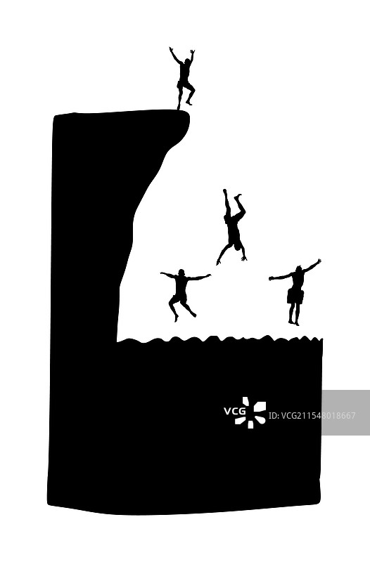 男孩们在悬崖跳水的剪影图片素材