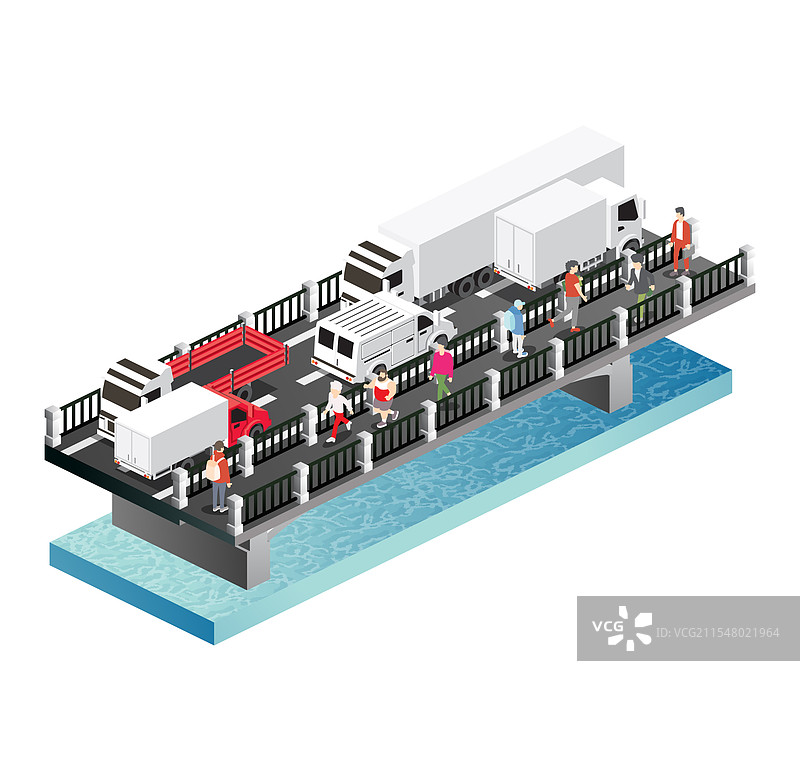 等距桥梁上有卡车、面包车和行人图片素材