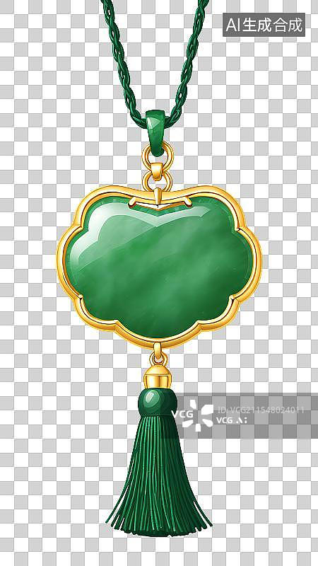 【AI数字艺术】国风手绘插画，古风黄金翡翠玉石饰品，玉佩，长命锁，如意锁，宝宝锁，金镶玉流苏挂件装饰免抠元素图片素材