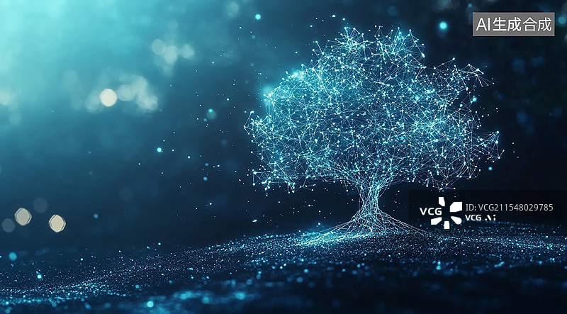 【AI数字艺术】蓝色科技感商务大树树木图片素材