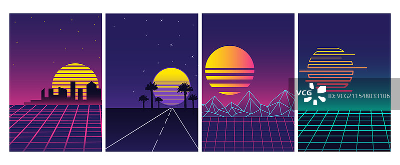 四幅复古未来主义的蒸汽波海报图片素材