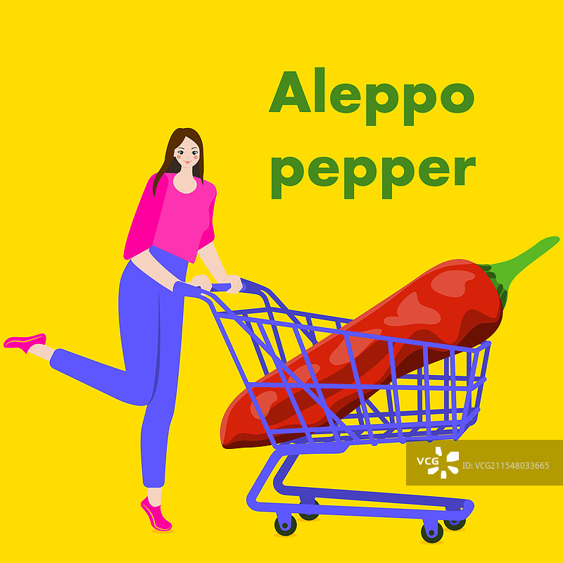 一位女性手持装有阿勒颇辣椒的购物车图片素材