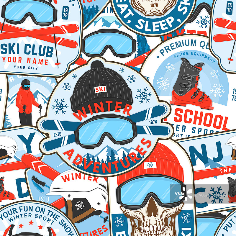 滑雪冬季运动俱乐部复古无缝图案图片素材