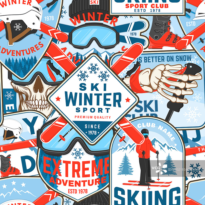 滑雪冬季运动俱乐部复古无缝图案图片素材