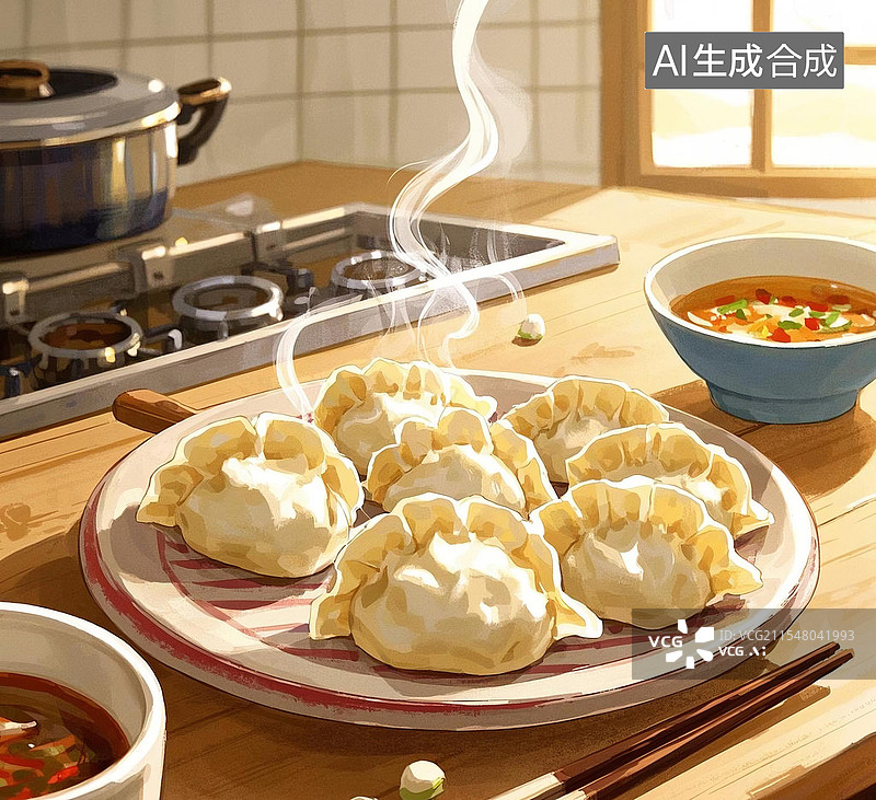 【AI数字艺术】桌子上美味的饺子图片素材