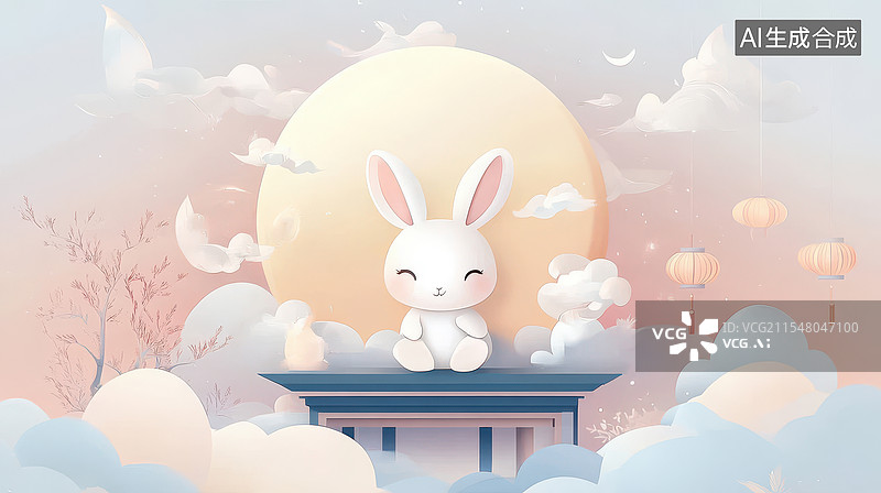 【AI数字艺术】云端萌兔伴中秋图片素材