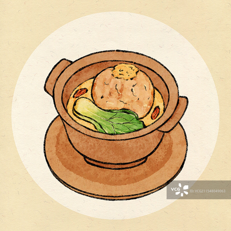 江苏扬州美食国风插画-蟹粉狮子头图片素材