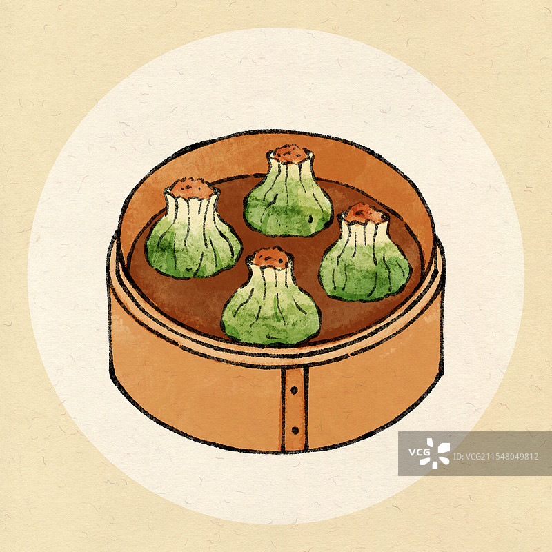 江苏扬州美食国风插画-翡翠烧麦图片素材