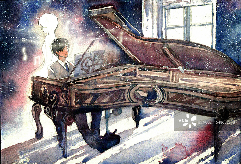 弹钢琴的少年插画图片素材