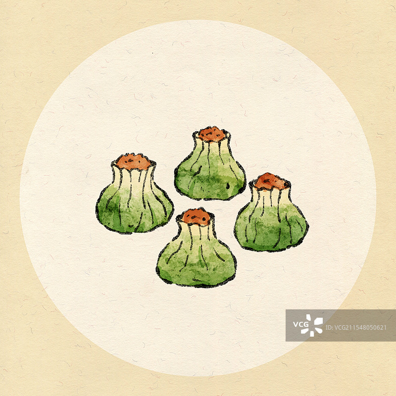 江苏扬州美食国风插画-翡翠烧麦图片素材