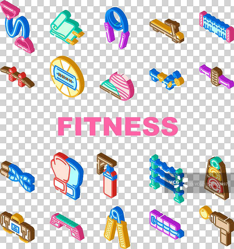 健身工具哑铃和壶铃图标集图片素材