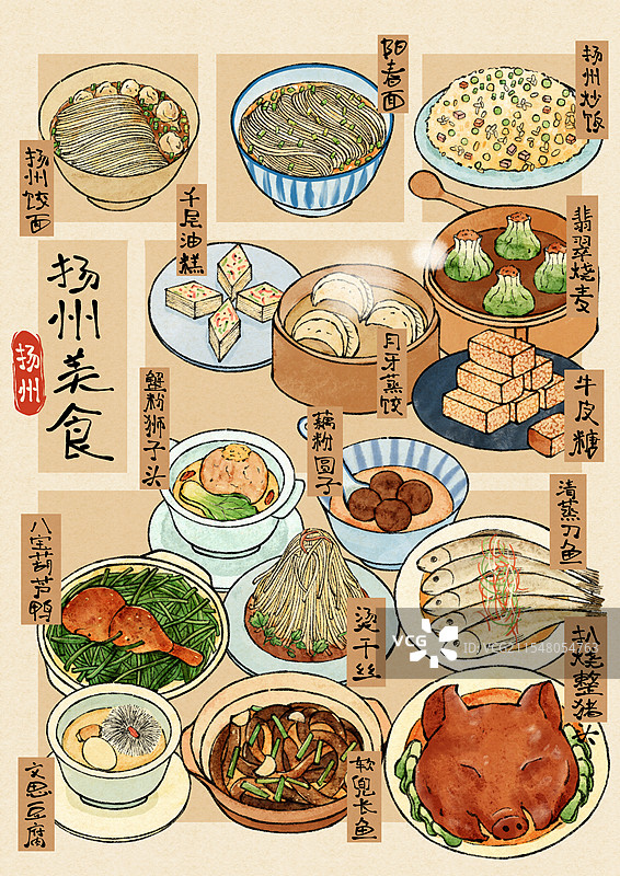 江苏扬州美食国风插画图片素材