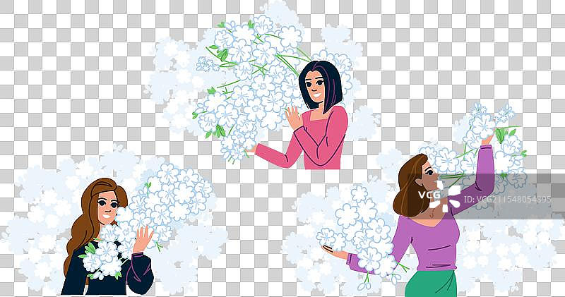 成长中的女性与盛开的树木图片素材