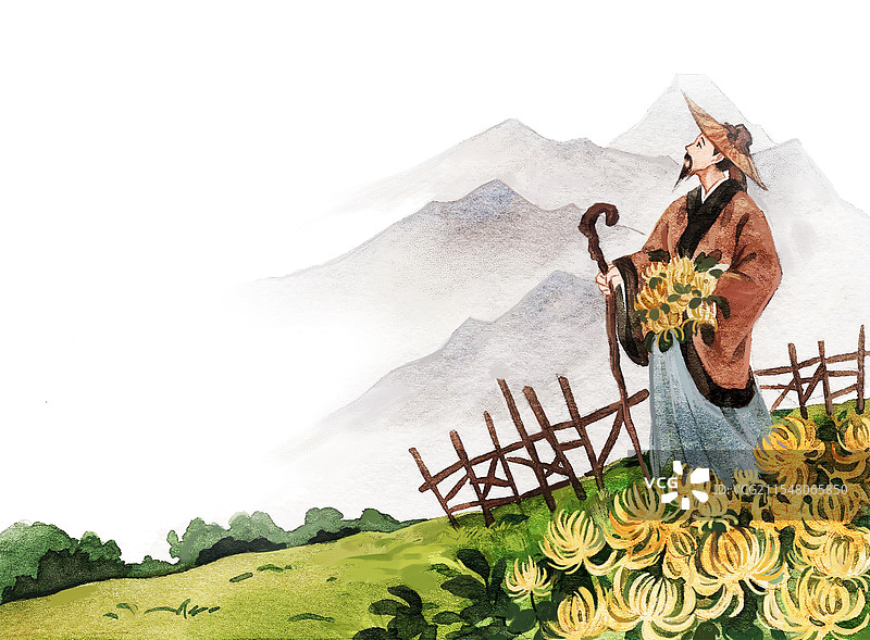 采菊东篱下插画图片素材