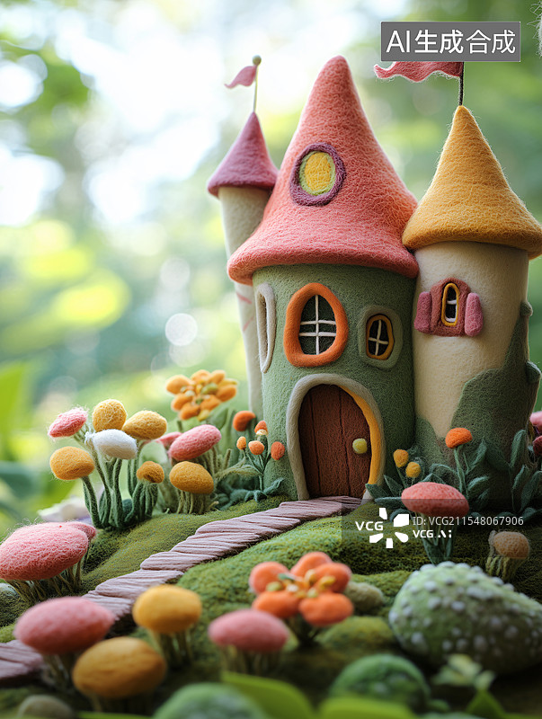 【AI数字艺术】一个毛毡材质的卡通童话城堡图片素材