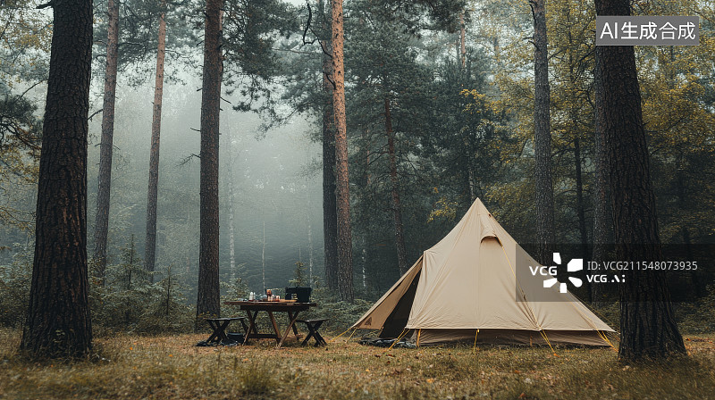 【AI数字艺术】森林里的营地，露营图片素材