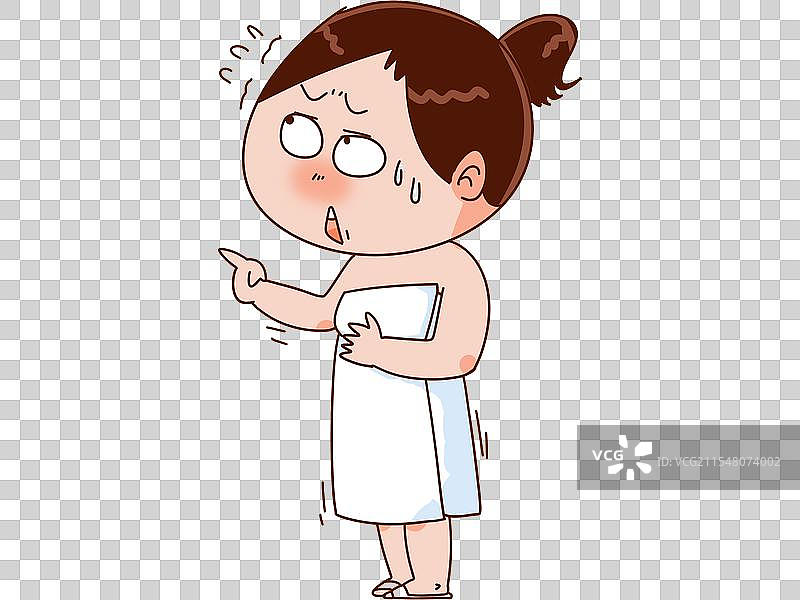 焦虑看着一处手指指着身上穿着浴袍的女孩图片素材