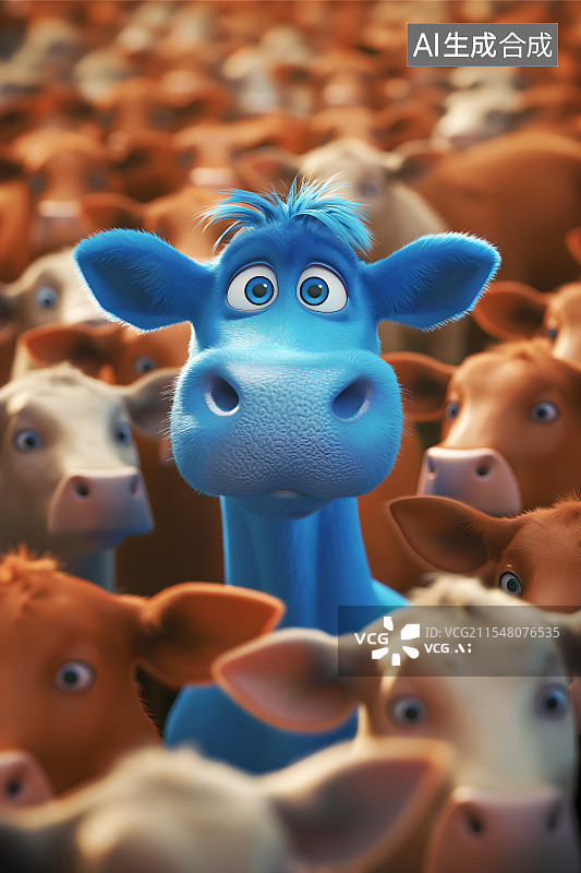 【AI数字艺术】卡通动画风格一群棕色牛中有一头表情天真呆呆地蓝色牛图片素材