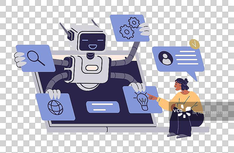 友好的机器人在协助一个人进行数字操作图片素材
