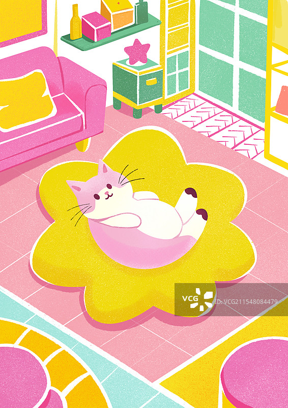 家庭粉色猫咪插画图片素材