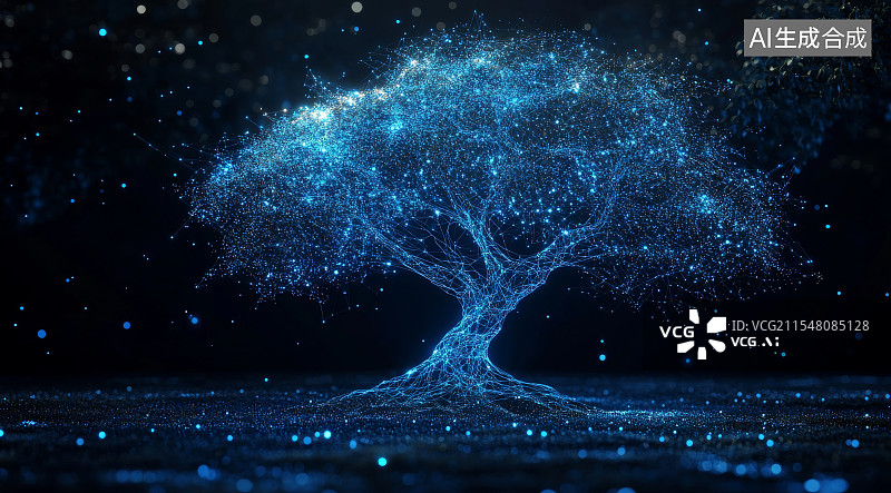 【AI数字艺术】科技感十足的蓝色粒子树特效画面图片素材