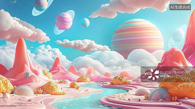 【AI数字艺术】糖果色梦幻星球之旅  粉色奇幻宇宙仙境图片素材