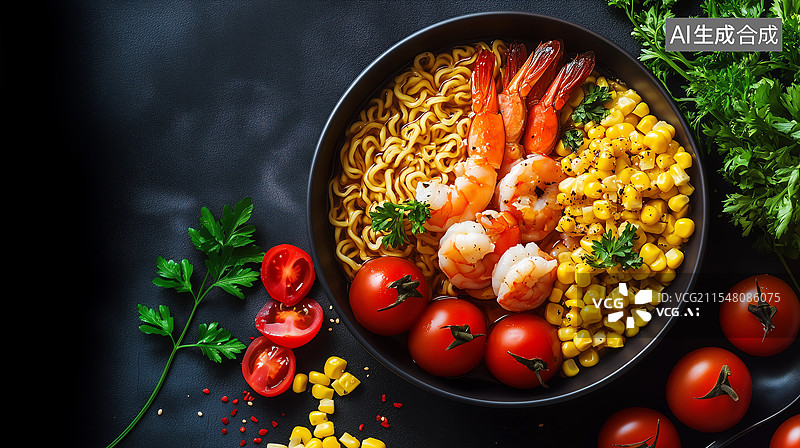 【AI数字艺术】美味泰式番茄虾仁海鲜面图片素材