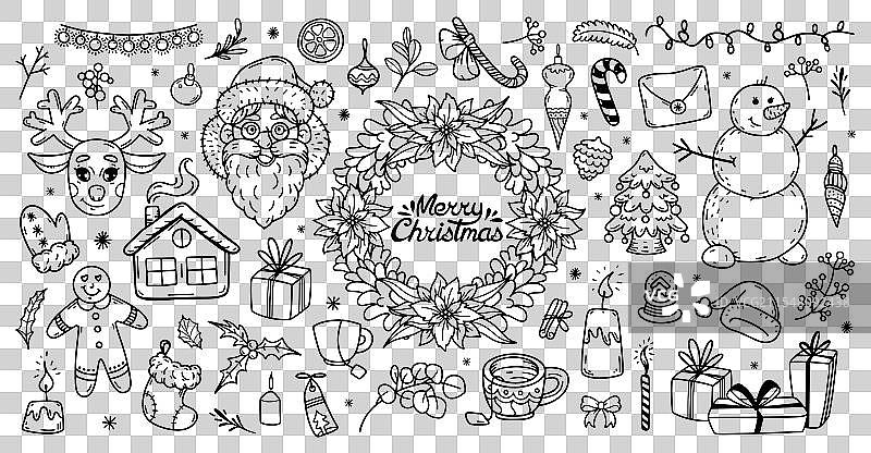 圣诞快乐涂鸦套装节日轮廓图片素材