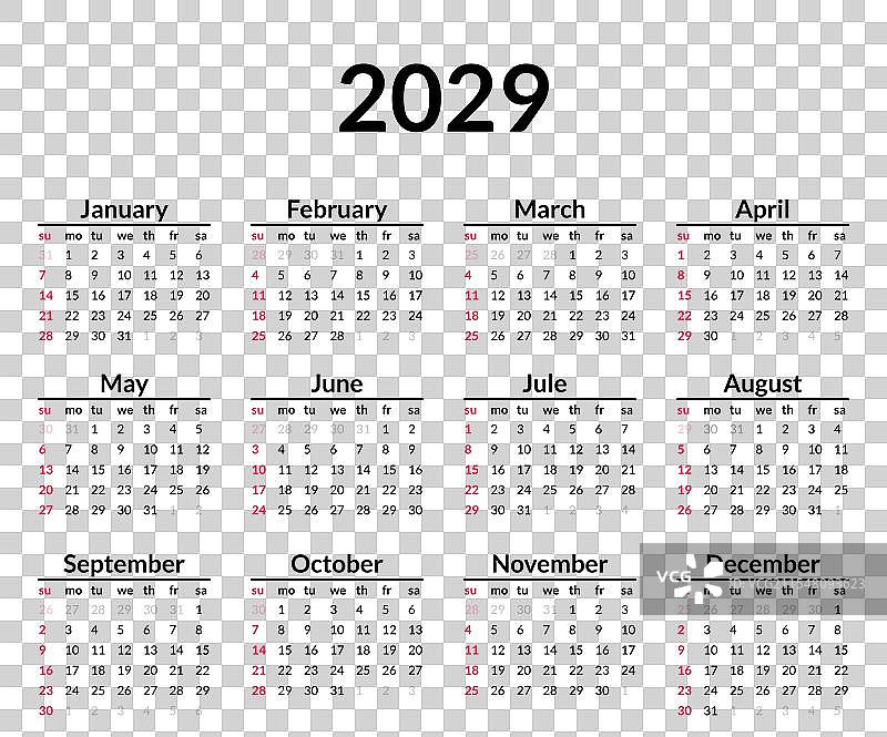 2029年日历周从星期天开始简单明了图片素材