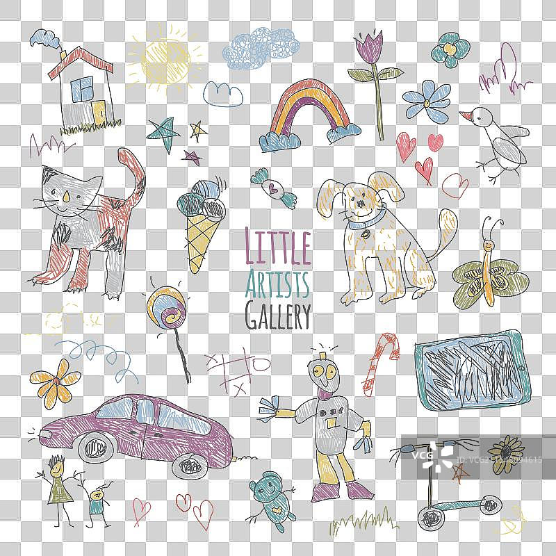 儿童画作生动的集合，孩子们的作品图片素材