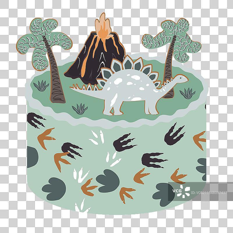 可爱的恐龙火山便当蛋糕，恐龙脚印图片素材