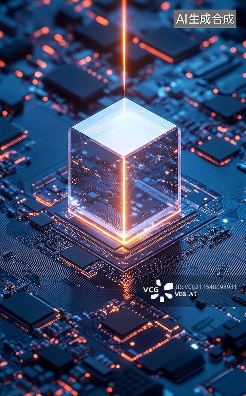 【AI数字艺术】玻璃芯片与深蓝电路板的未来科技背景图图片素材