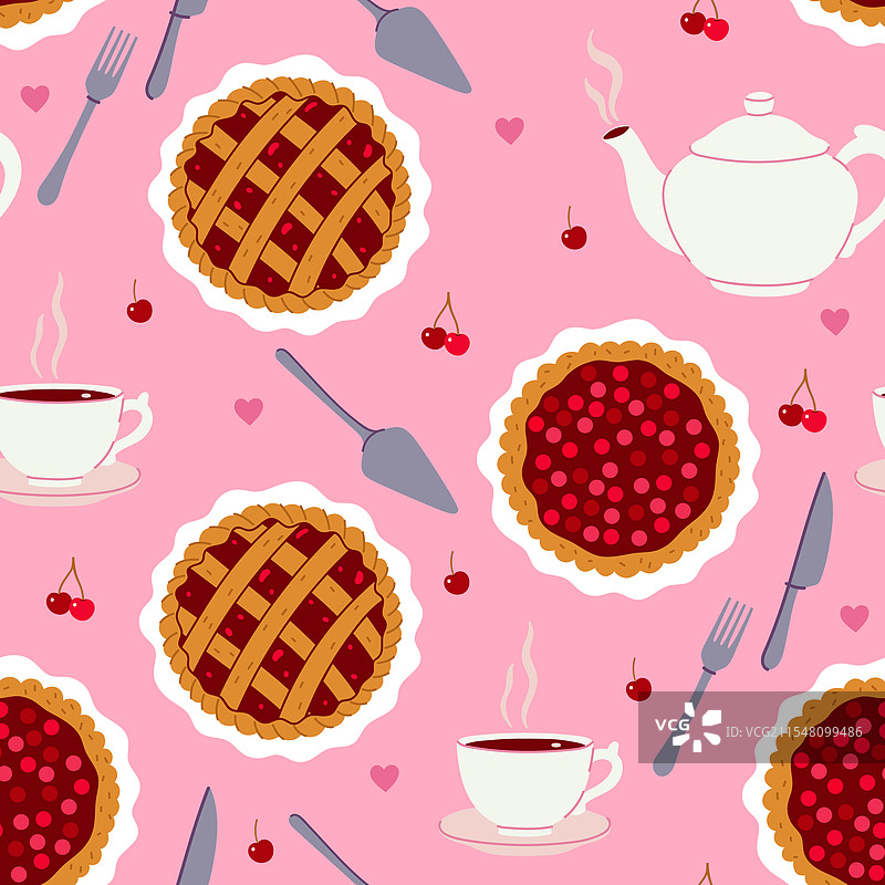 无缝图案，包含樱桃派、杯子和茶壶图片素材