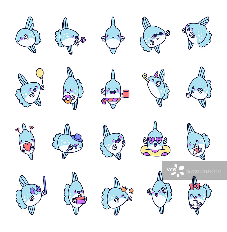 一组可爱的卡通太阳鱼角色图片素材