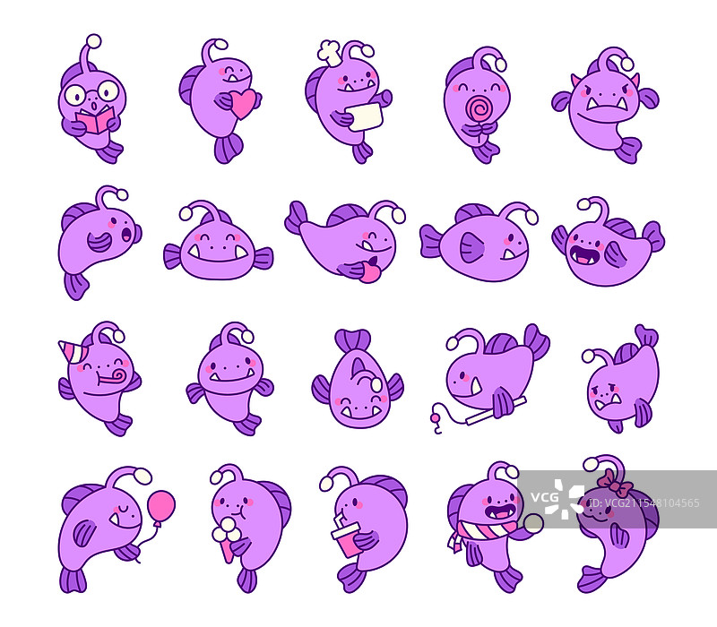 一组可爱的卡哇伊风格的angler鱼设计图片素材