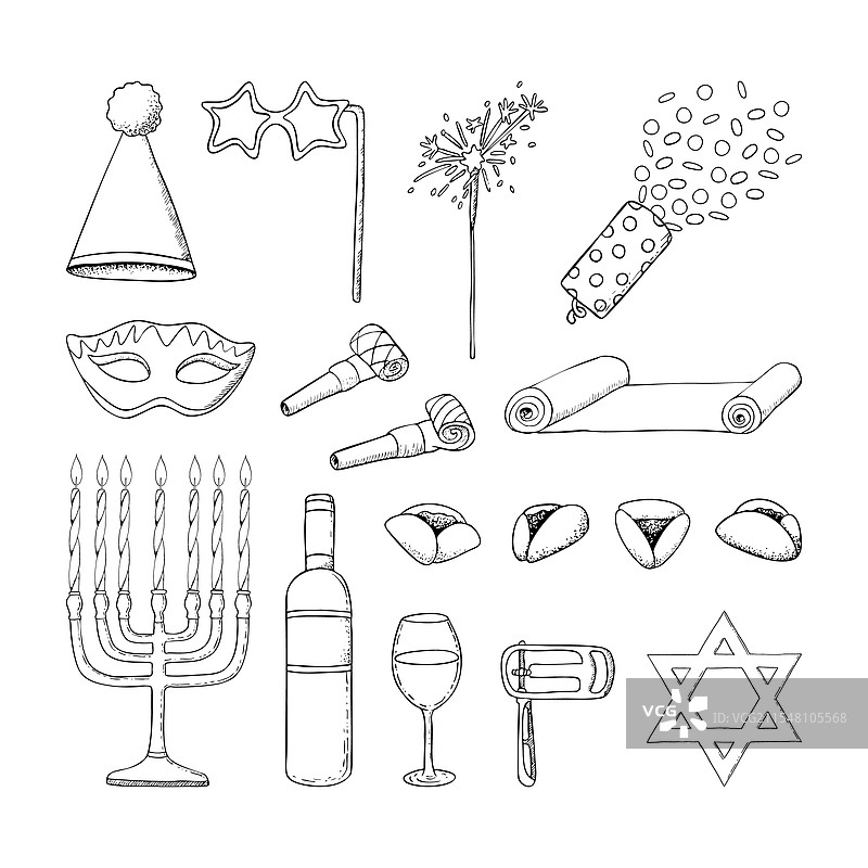 大型普林节符号元素黑白套装图片素材