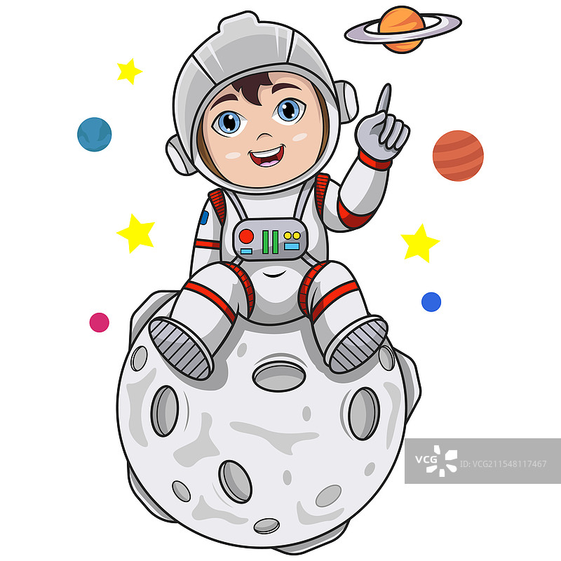 卡通年轻宇航员坐在月球上图片素材