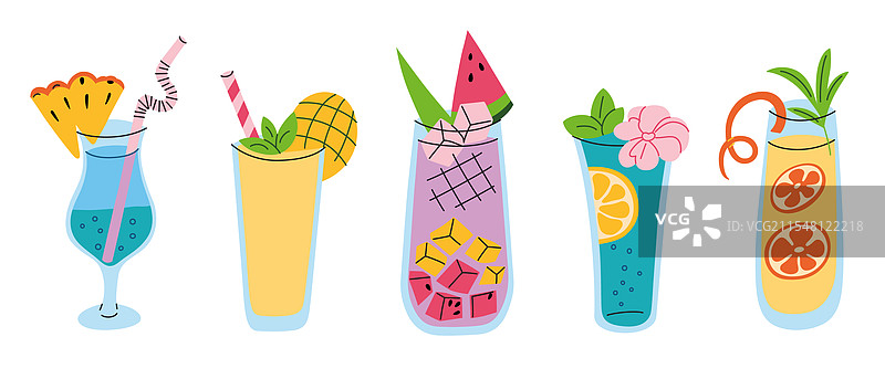五杯色彩缤纷的热带鸡尾酒图片素材