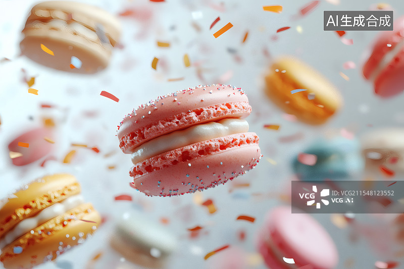 【AI数字艺术】空中散落的马卡龙蛋糕图片素材
