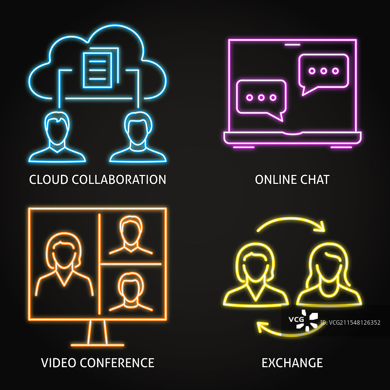远程团队合作霓虹图标集图片素材