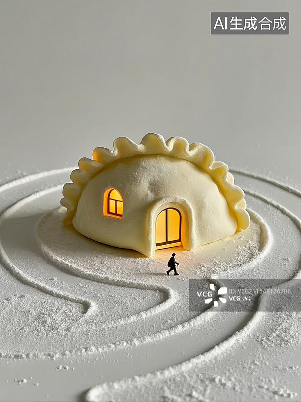 【AI数字艺术】饺子形状的房屋春节回家团圆概念插画图片素材