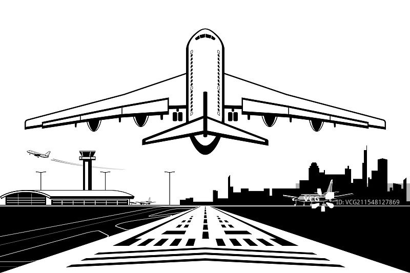 客机在城市机场的跑道上着陆图片素材