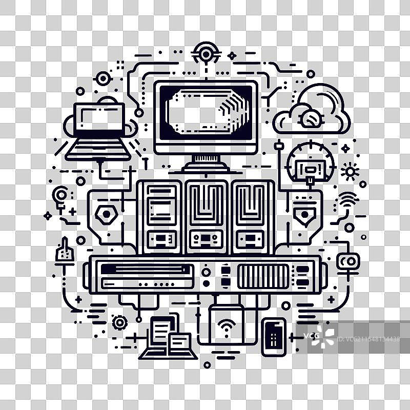 手绘的科技设备设置，包括电脑和其他设备图片素材