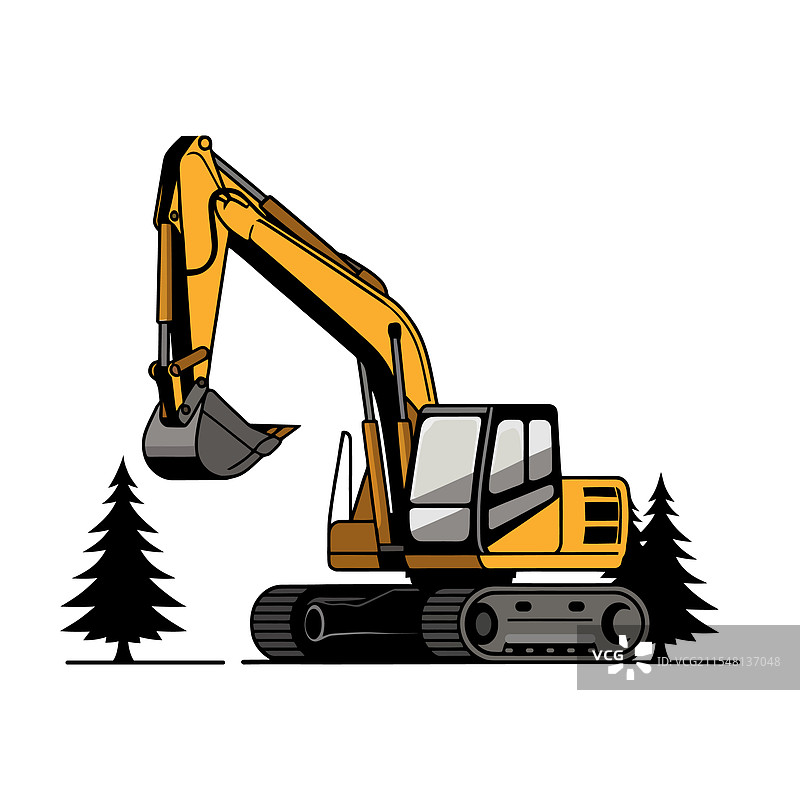 白色背景上的黄色挖掘机极简风格设计图片素材